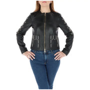 Patrizia Pepe women’s black leather blazer with silver studs zipper detailing and front pockets in leather material