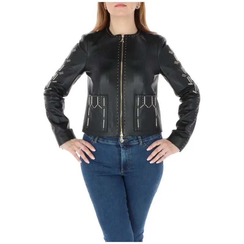 Patrizia Pepe women’s black leather blazer with silver studs zipper detailing and front pockets in leather material