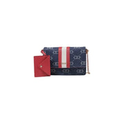 Patterned navy blue and red crossbody bag with a small red wallet from Handbag Collection