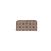 Patterned brown and beige wallet with wrist strap displayed for product display