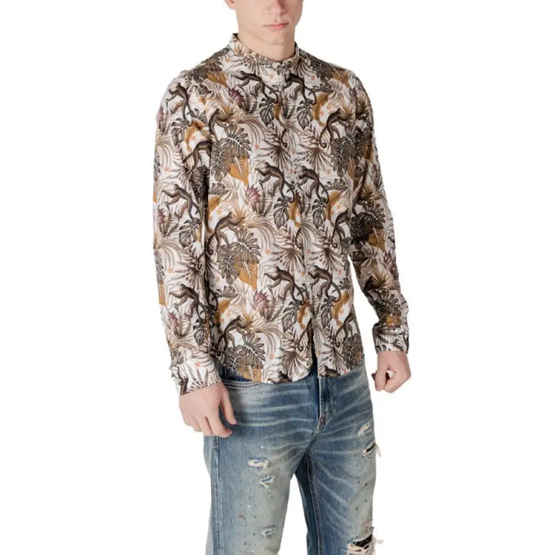 Patterned long-sleeved Gianni Lupo White Floral Mandarin Collar Shirt for stylish outfits