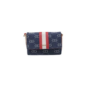 Patterned navy blue clutch with chain strap from the Navy Blue and Red Handbag Collection