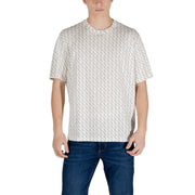 Patterned short sleeve t shirt in white with a subtle repeating light gray geometric design on soft fabric