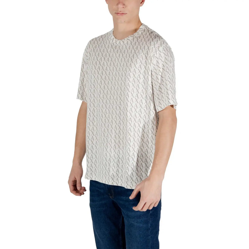 A light gray patterned short sleeve t shirt with a repeating geometric design in darker gray and a crew neck