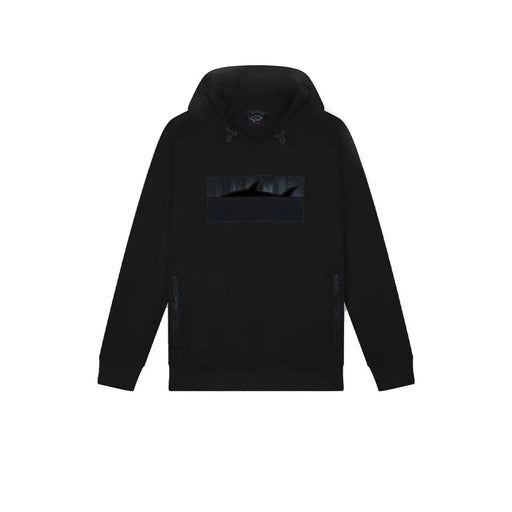 Schwarzer Herren-Sweatshirt-Hoodie aus Baumwolle von Paul and Shark mit Kapuze, Reißverschlusstaschen an den Seiten und dezentem Hai-Silhouette-Aufnäher.