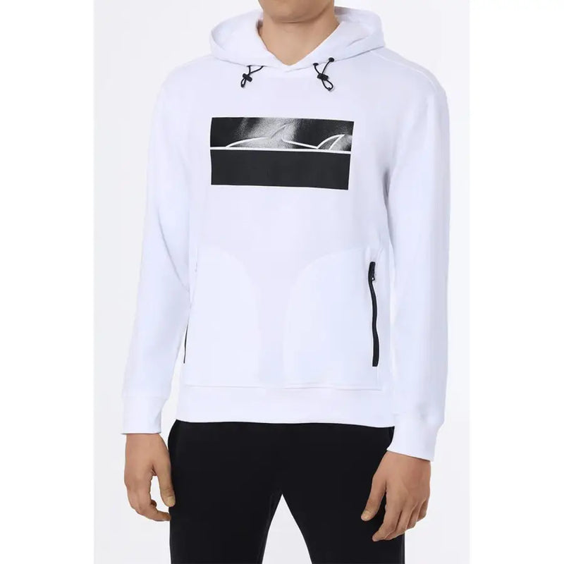Paul and Shark Herren-Sweatshirt, weiß, Kapuze, langärmlig, mit schwarzem rechteckigem Aufdruck und weißer Hai-Silhouette