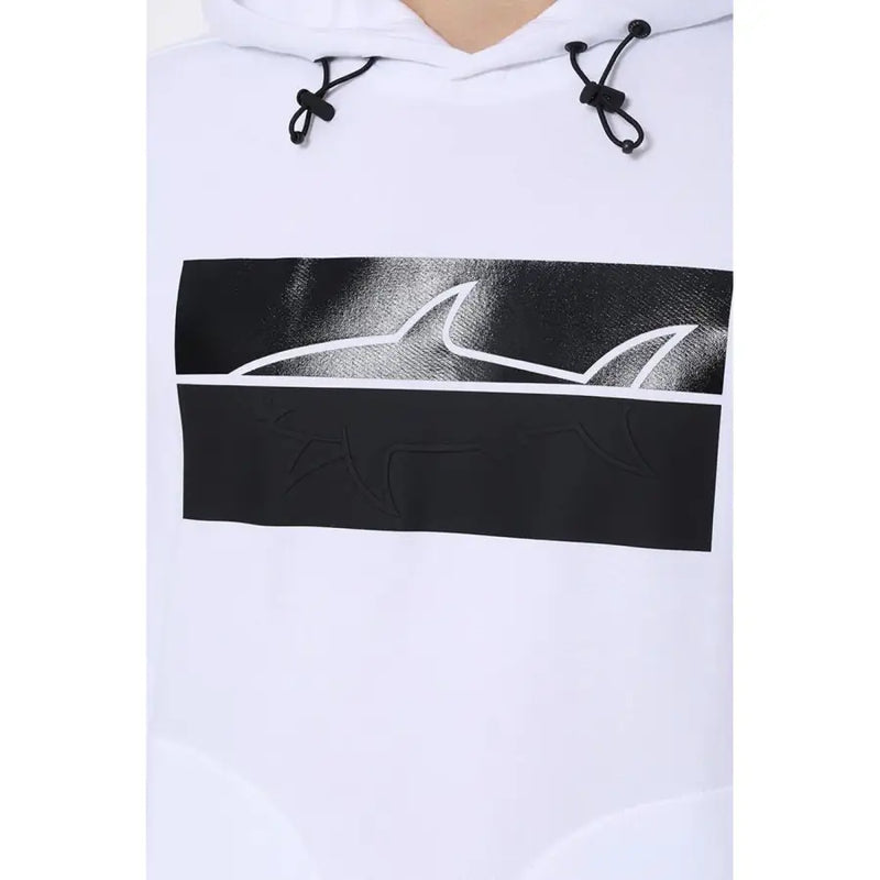 Paul and Shark Herren-Sweatshirt, weiß, Kapuze, langärmlig, mit auffälligem schwarzem Grafikprint und weißer Hai-Silhouette, strukturierte Oberfläche