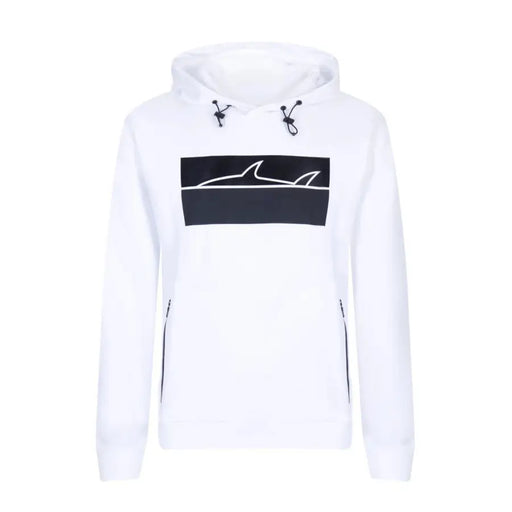 Paul&shark men white hooded sweatshirt with black rectangular patch featuring a white shark silhouette and zipper pockets