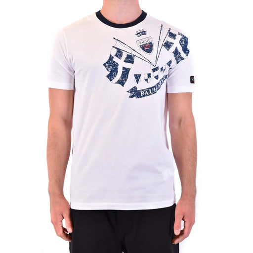 Paul and Shark men white cotton t shirt with navy blue distressed nautical flag graphic and black ribbed crew neck