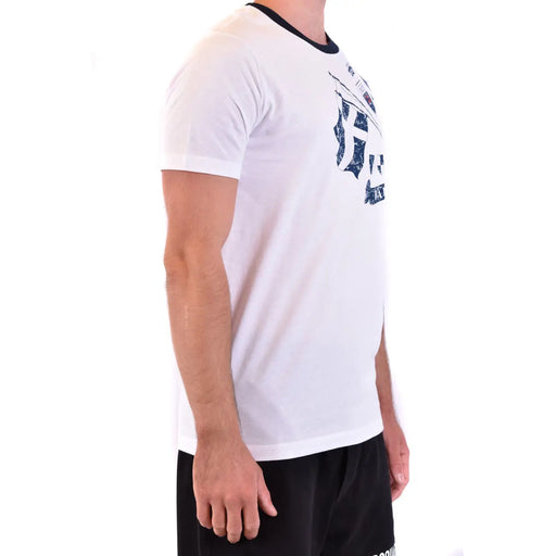 Paul and Shark men white cotton t shirt regular fit with navy blue distressed graphic and black ribbed crew neck trim