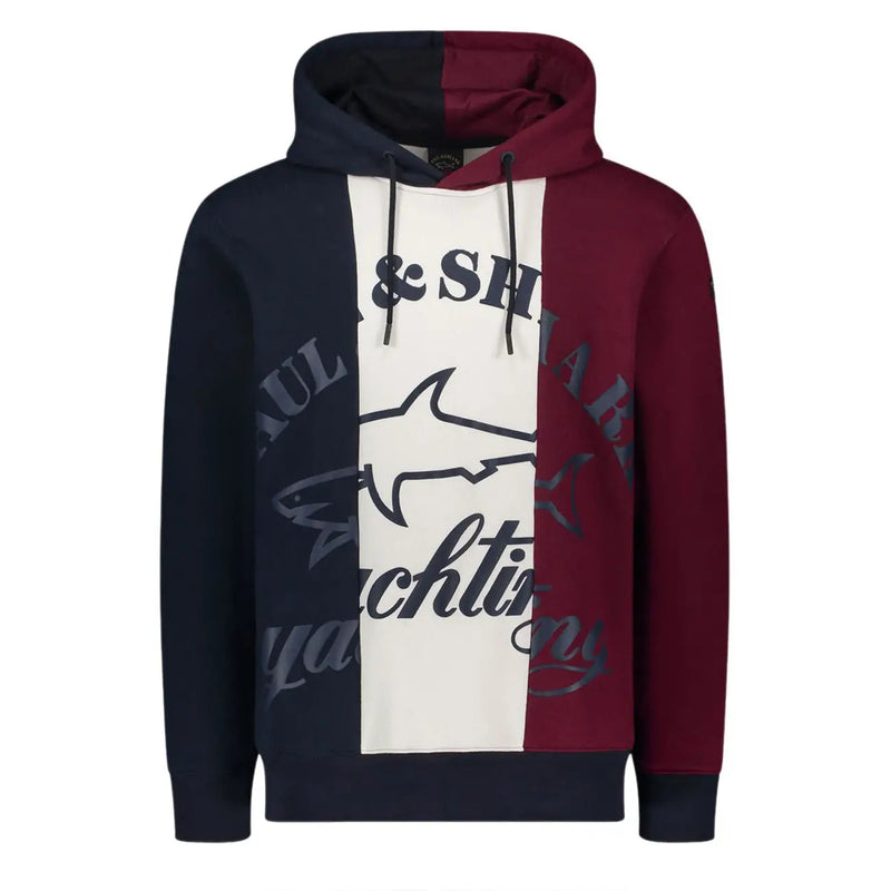 Paul & Shark Herren-Baumwollhoodie in Marineblau, Kastanienbraun und Weiß mit Hai-Logo und Paul & Shark Branding