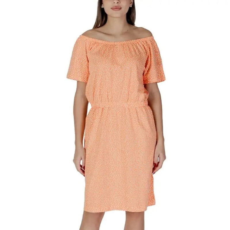 Peach off-the-shoulder dress from B.young with orange polka dots and short design