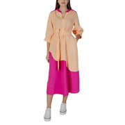 Peach and pink color-blocked midi dress from B.young featuring a V-neck, buttons, and pockets