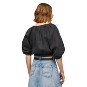 Pepe jeans black v-neck 3/4 sleeve t-shirt in linen blend with puffed sleeves and gathered neckline