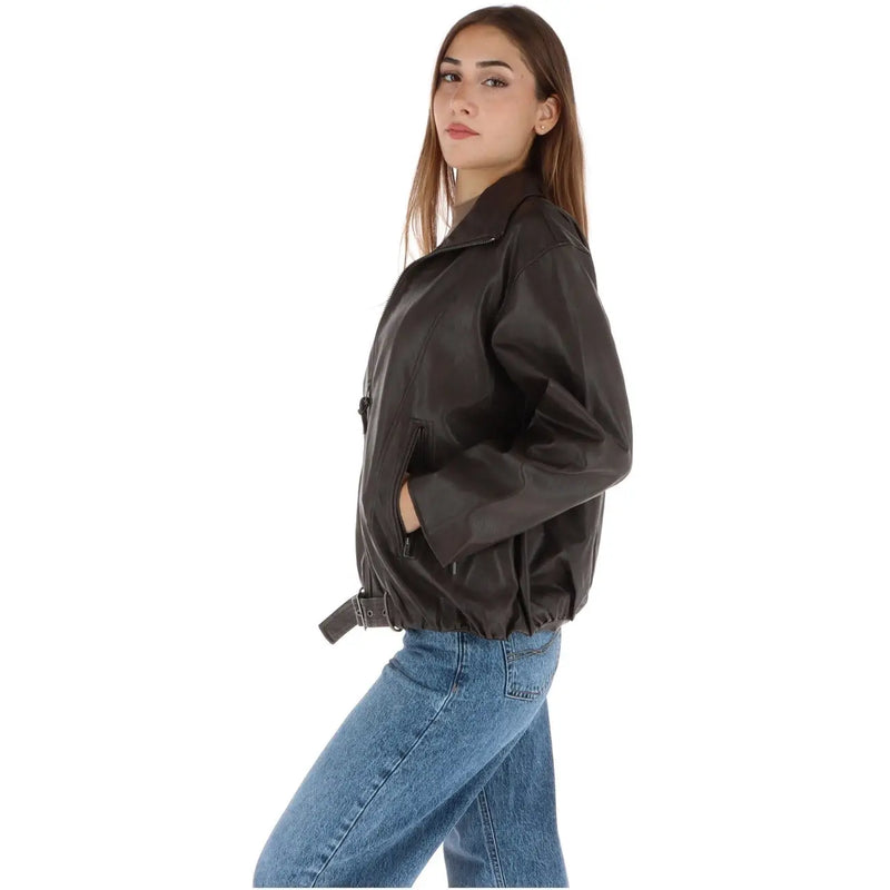 Pepe Jeans women brown polyurethane zip blazer featuring a black leather bomber jacket style with belted waist and zippered pockets