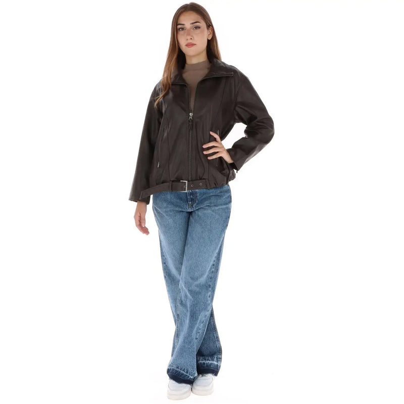 Pepe Jeans women brown polyurethane zip blazer styled as a dark brown leather moto jacket with zipper front and belt detail