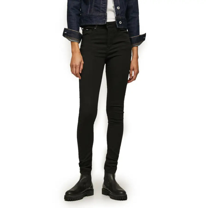 Pepe Jeans women’s black high-waisted skinny denim jeans featuring a sleek form-fitting design for spring and summer