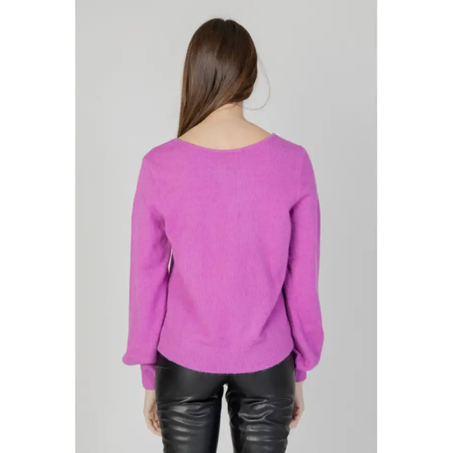 
                      
                        Vila Clothes women wearing a purple knit sweater from Vila Clothes knitwear collection
                      
                    