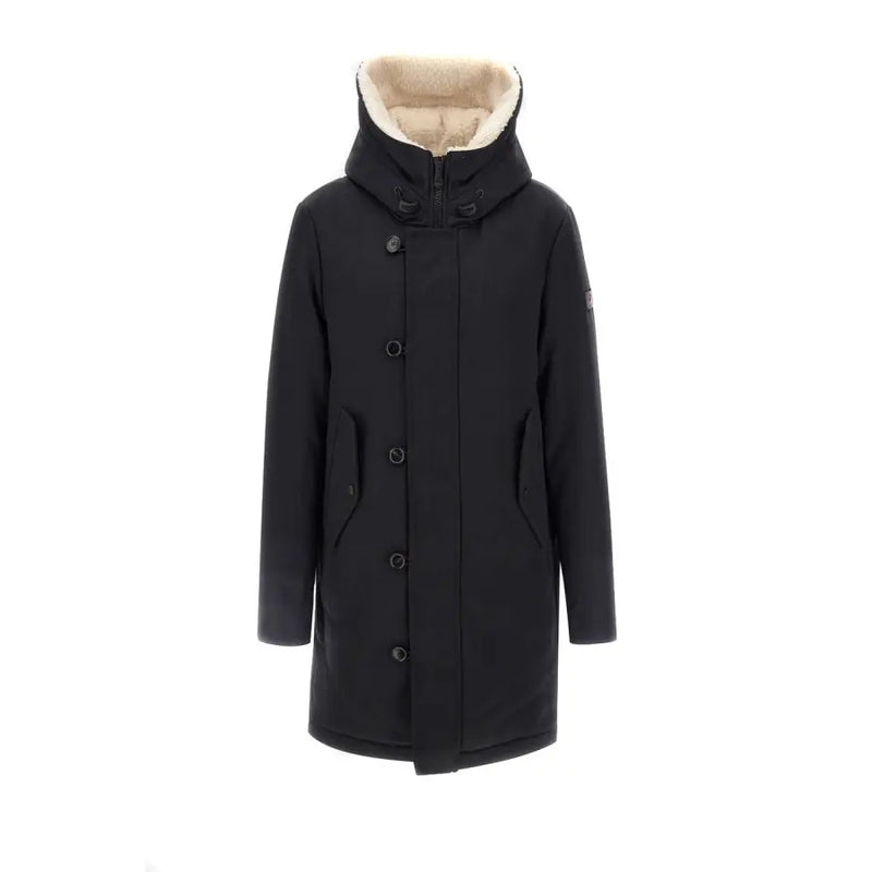 Peuterey men blazer black winter parka with plush beige-lined hood and front button closure