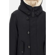 Peuterey men blazer black hooded winter coat with plush beige lining and dark buttons for cold weather use