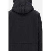 Peuterey men blazer black hooded parka with central seam and subtle stitching details shown from the back side