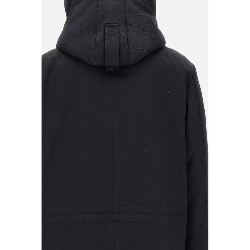 Peuterey men blazer black hooded parka with central seam and subtle stitching details shown from the back side