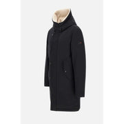 Peuterey men blazer black hooded winter coat with plush beige lining and subtle sleeve branding