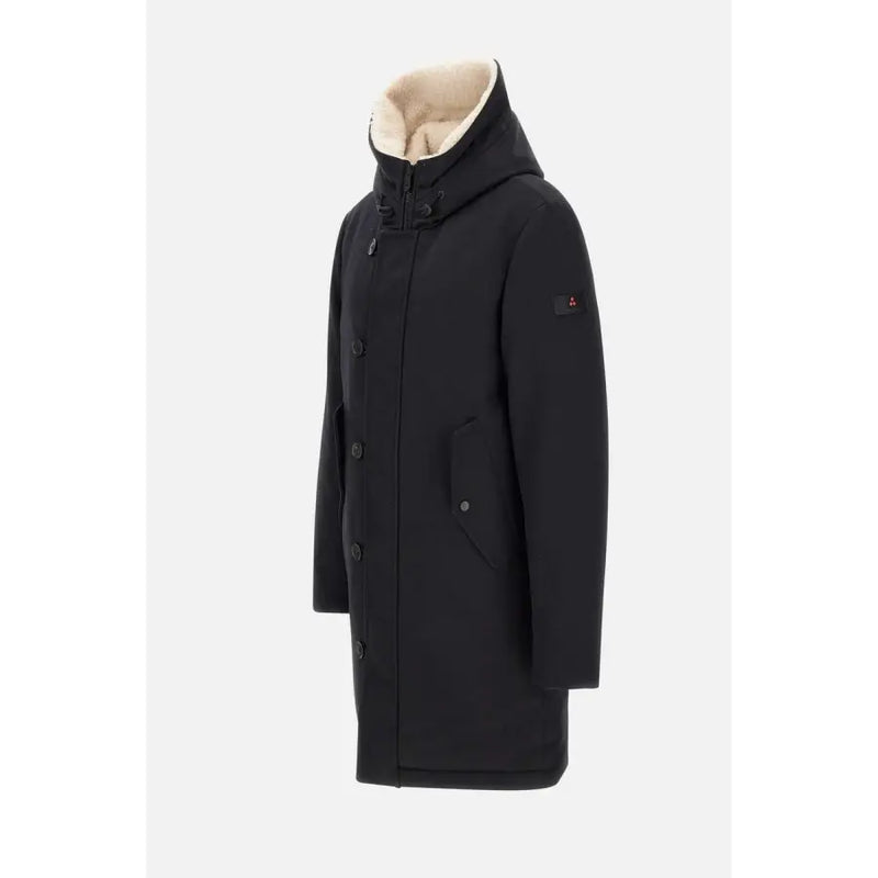 Peuterey men blazer black hooded winter coat with plush beige lining and subtle sleeve branding