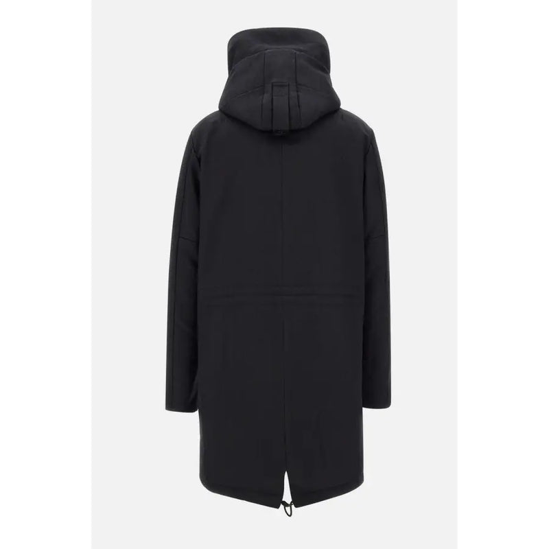 Peuterey men blazer black hooded winter coat with sleek minimalist design and subtle vertical seam detailing