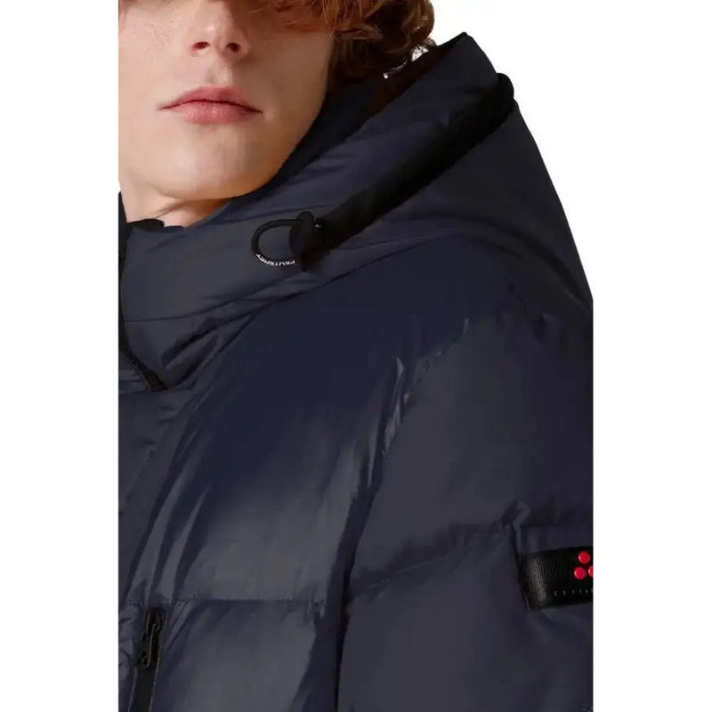 Peuterey men blue hooded polyamide jacket in dark navy with quilted design black trim and red sleeve accents