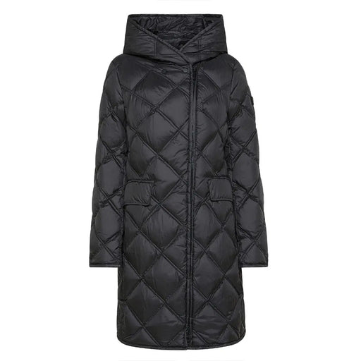 Schwarzer, gesteppter Daunenmantel mit Kapuze von Peuterey für Damen mit Rautensteppung und Vordertaschen für kaltes Wetter