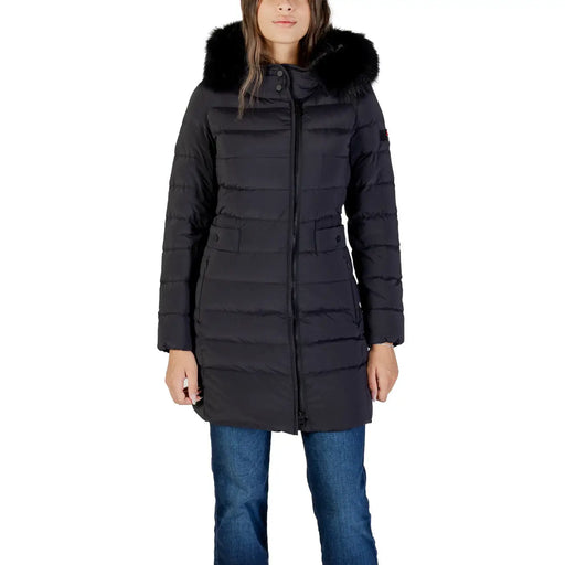 Schwarze, lange Nylonjacke von Peuterey für Damen mit Kapuze, flauschig gefütterter Kapuze und gestepptem Design