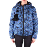 Blaue Daunenjacke von Peuterey für Damen mit Kapuze, Schlangenmuster, schwarzem Besatz und flauschiger Bommelquaste vorne
