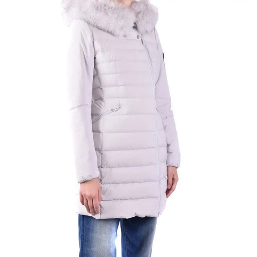 Women’s light gray puffer coat with fur-trimmed hood from Peuterey featuring front pockets