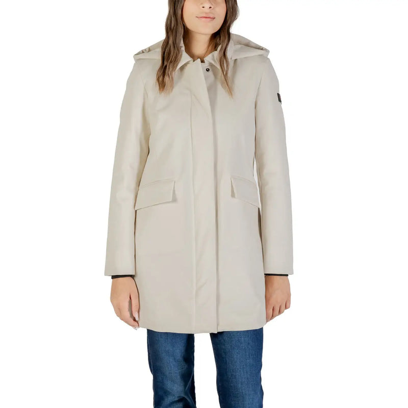 Beige Peuterey women white blazer zip hood trench coat in polyamide with sleek design and subtle black cuff trim
