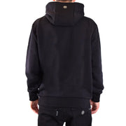 Philipp Plein Herren-Kapuzenpullover aus schwarzer Baumwolle, Rückansicht mit dezentem Metallic-Logo am Kragen und passender Hose