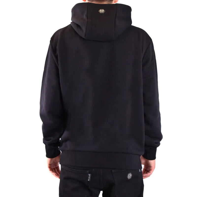 Philipp Plein Herren-Kapuzenpullover aus schwarzer Baumwolle, Rückansicht mit dezentem Metallic-Logo am Kragen und passender Hose
