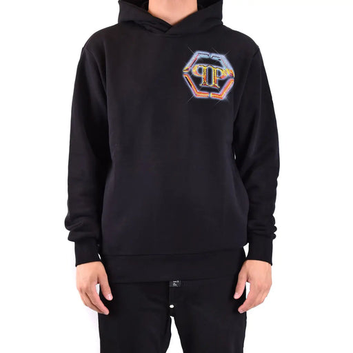 Schwarzer Baumwoll-Hoodie von Philipp Plein für Herren mit farbenfrohem, gesticktem Logo auf der Brust