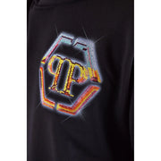 Schwarzer Kapuzenpullover aus Baumwolle von Philipp Plein für Herren mit auffälligem sechseckigem Logo, verziert mit gelben, orangen und türkisfarbenen Strasssteinen.