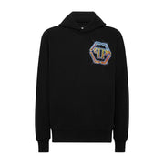 Schwarzer Baumwoll-Hoodie von Philipp Plein für Herren mit einem leuchtend schillernden, sechseckigen PP-Logo auf der Brust.
