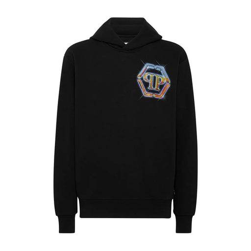 Schwarzer Baumwoll-Hoodie von Philipp Plein für Herren mit einem leuchtend schillernden, sechseckigen PP-Logo auf der Brust.