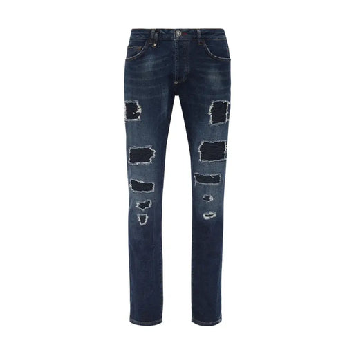 Philipp Plein men blue ripped jeans featuring multiple distressed patches in cotton with worn out effect