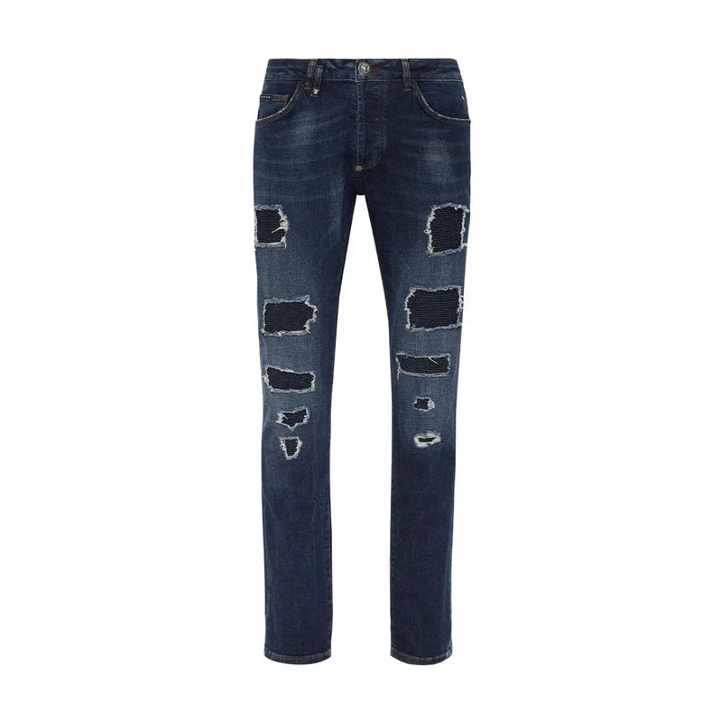 Philipp Plein men blue ripped jeans featuring multiple distressed patches in cotton with worn out effect