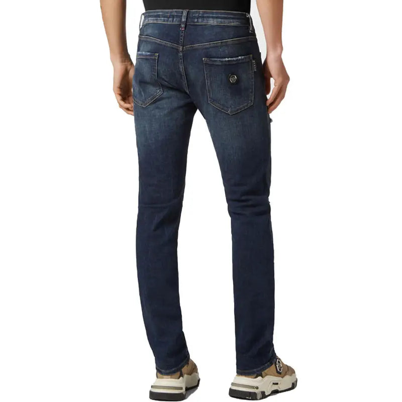 Dunkelblaue, schmal geschnittene Philipp Plein Herren-Jeans mit Rissen und Used-Look, Baumwollrücken mit sichtbarem Markenlogo und Tasche
