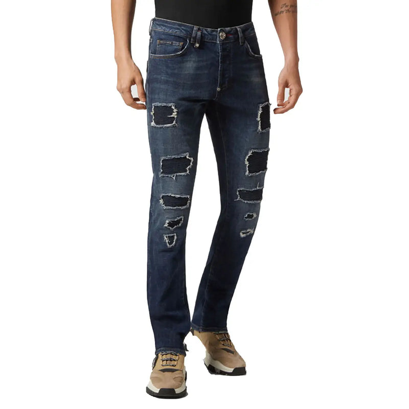 Philipp plein men blue distressed cotton jeans with multiple ripped patches and worn out effect along legs