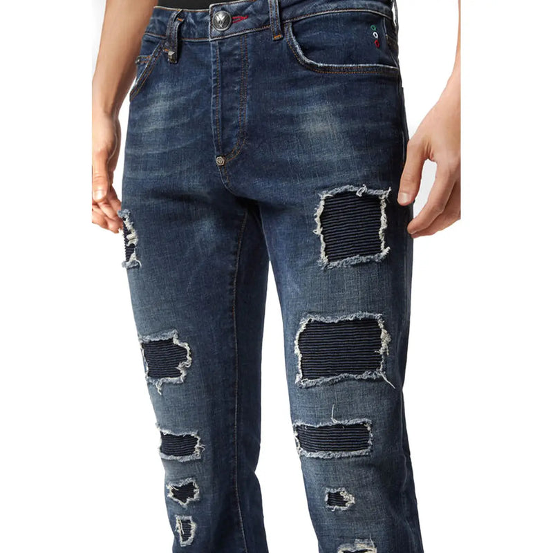 Philipp Plein men blue ripped distressed denim jeans with frayed edges and black fabric inserts cotton material