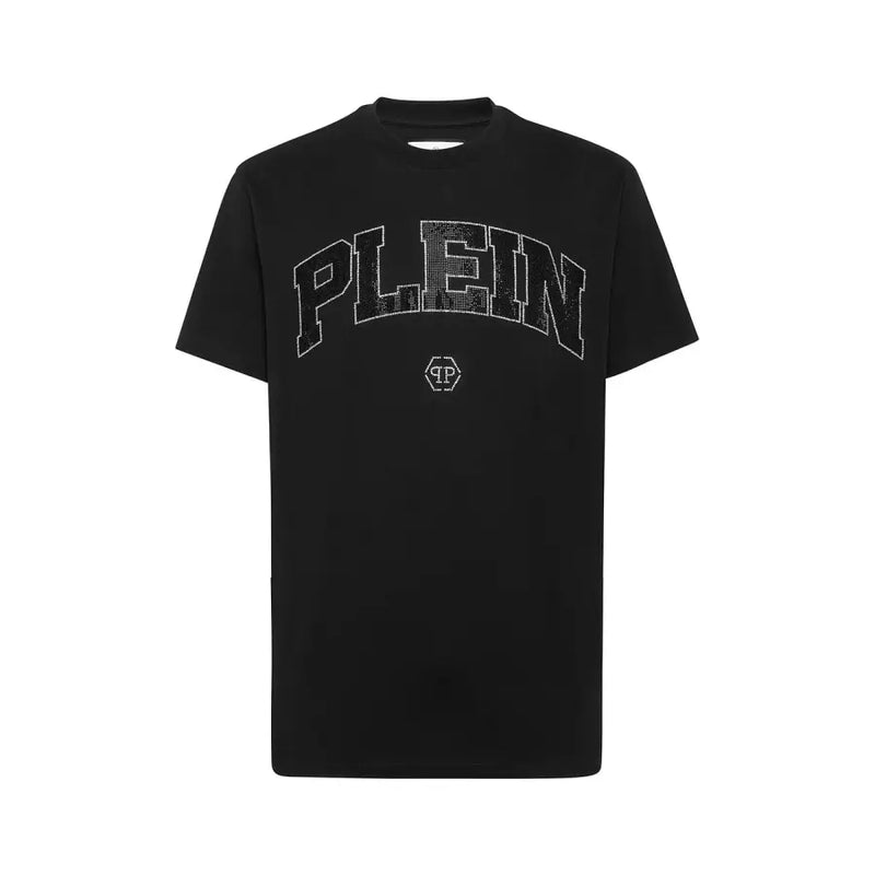 Black Philipp Plein men t-shirt with short sleeves featuring a sparkling plein logo and small brand emblem on chest