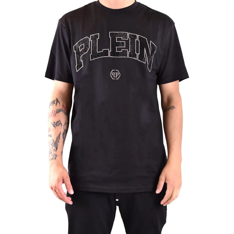 Black Philipp Plein men t-shirt with short sleeves and sparkling silver plein lettering and logo on the chest