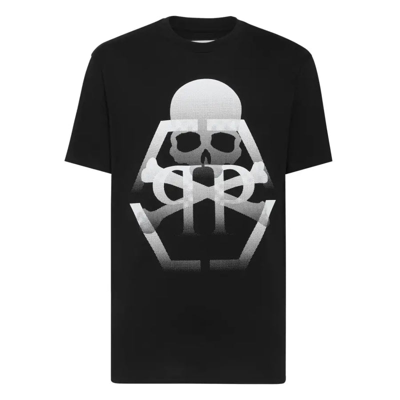 Black Philipp Plein men t-shirt with bold white gradient skull and crossbones graphic and halftone texture on front