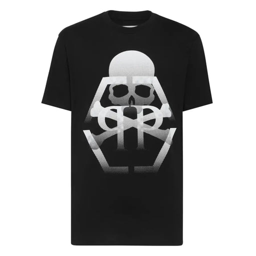 Black Philipp Plein men t-shirt with bold white gradient skull and crossbones graphic and halftone texture on front